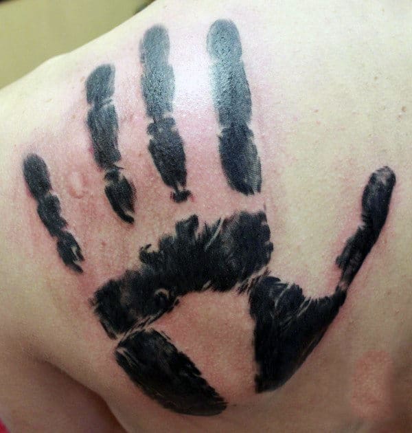 Black Ink Male Handprint Back Tattoos