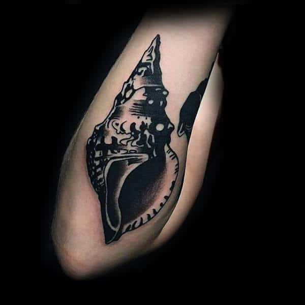 Black Ink Male Seashell Outer Forearm Tattoo Design Inspiration