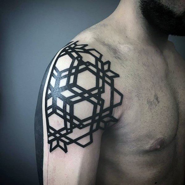 Black Ink Male Tattoo With Geometric Arm Design