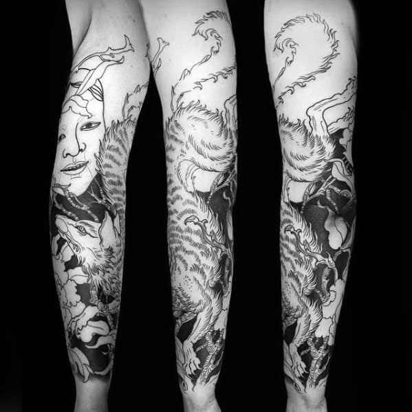 Black Ink Masculine Guys Cool Kitsune Full Arm Tattoos