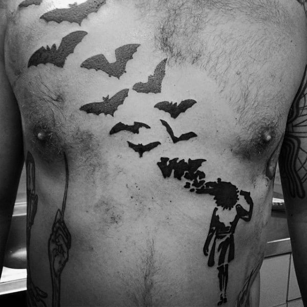 Black Ink Mens Banksy Bat Chest Tattoos