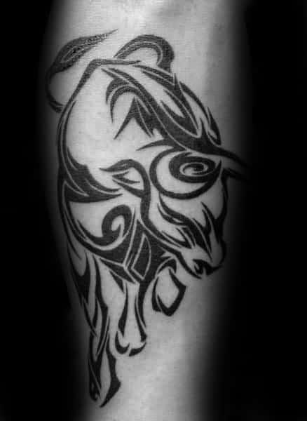 Black Ink Mens Charging Bull Inner Forearm Tribal Tattoos