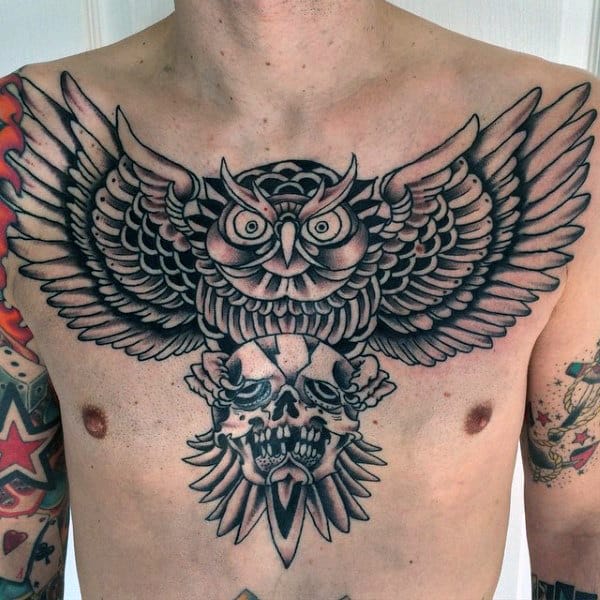 Black Ink Mens Chest Tattoo Of Owl With Skull