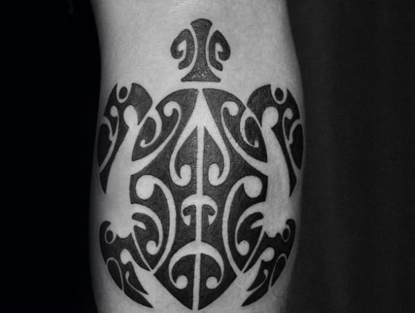 Black Ink Mens Hawaiian Inner Forearm Tattoo Design Of Tribal Turtle