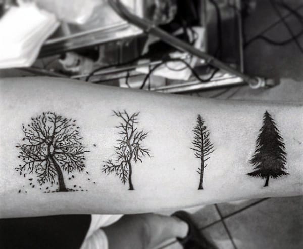 Black Ink Men's Pine Tree Tattoo Of Seasons
