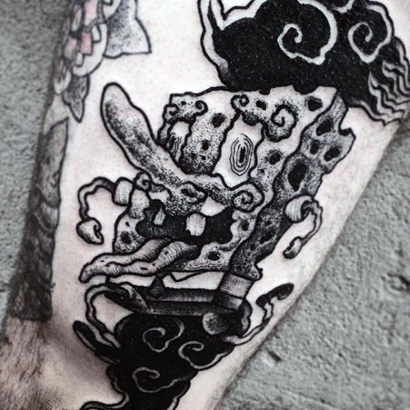 Stylized blackwork tattoo of SpongeBob with swirling patterns and bold textures, blending surreal and traditional Japanese-inspired elements.