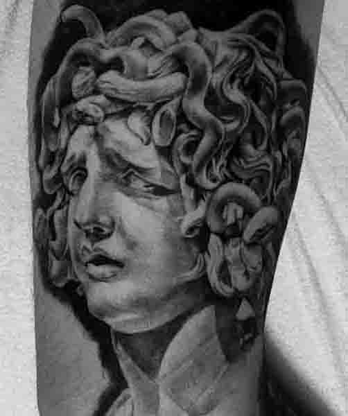 Black Ink Mens Upper Arm Medusa Tattoos