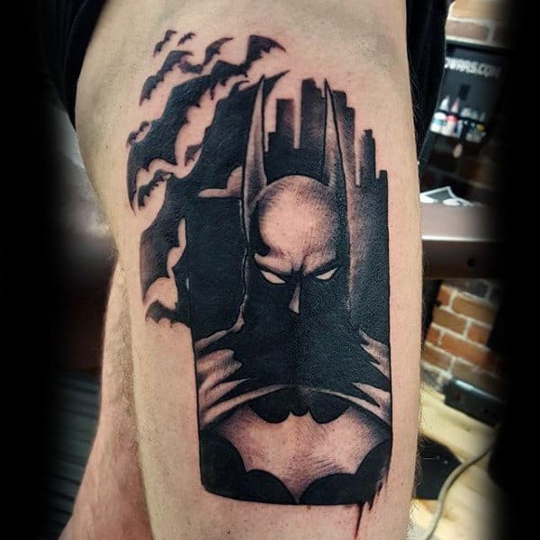 Black Ink Mens Upper Thigh Batman Tattoo Design Inspiration