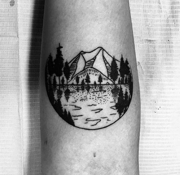 Black Ink Nature Scene Small Male Inner Forearm Tattoo Designs