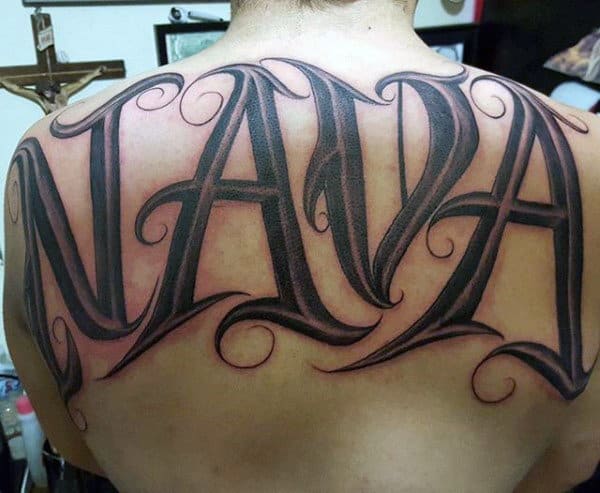 Black Ink Nava Last Name Mens Upper Back Tattoos