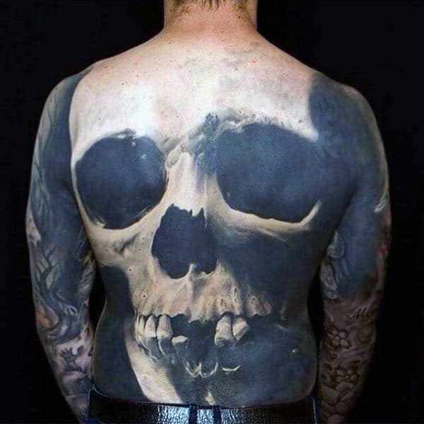 Black Ink Negative Space 3d Skull Back Male Tattoo