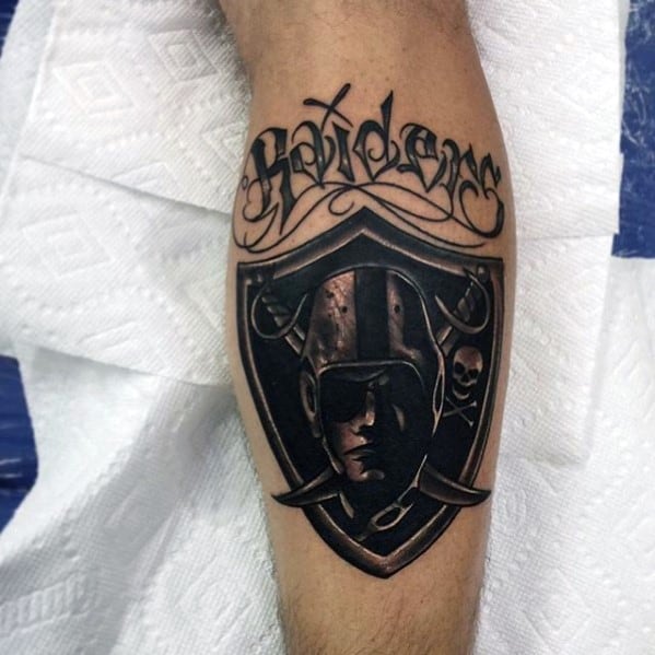 Black Ink Oakland Raiders Mens Nfl Football Leg Calf Tattoos