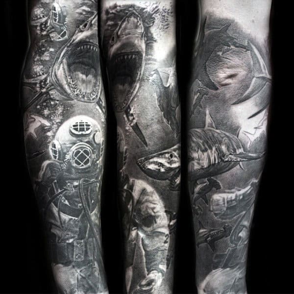 Black Ink Ocean Water Tattoo Sleeves For Guys