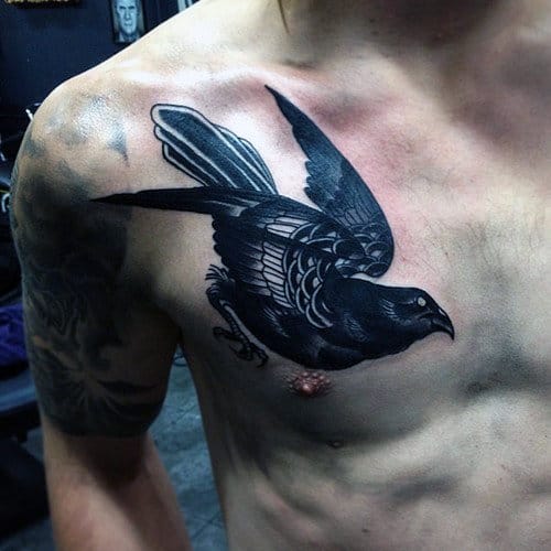 Black Ink Old School Crow Chest Tattoo Designs For Guys