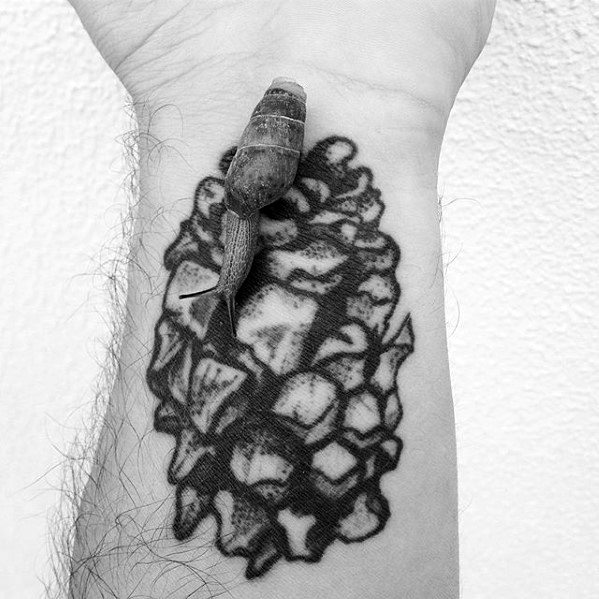 Black Ink Old School Guys Pine Cone Wrist Tattoo Designs