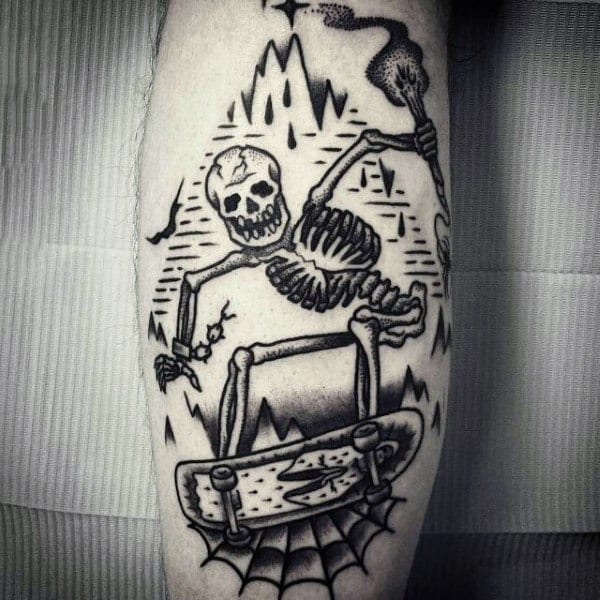 Black Ink Old School Male Tattoo Of Skeleton Figure Riding Skateboard