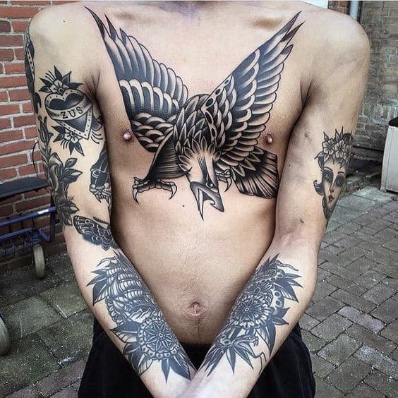 Black Ink Old School Mens Vintage Eagle Chest Tattoos