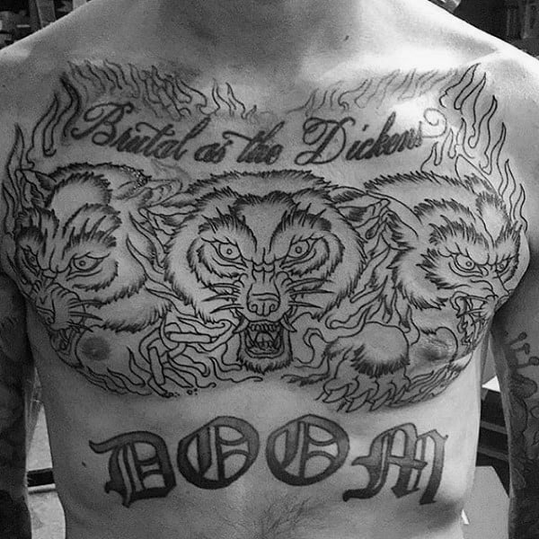 Black Ink Old School Outline Guys Cerberus Upper Chest Tattoos