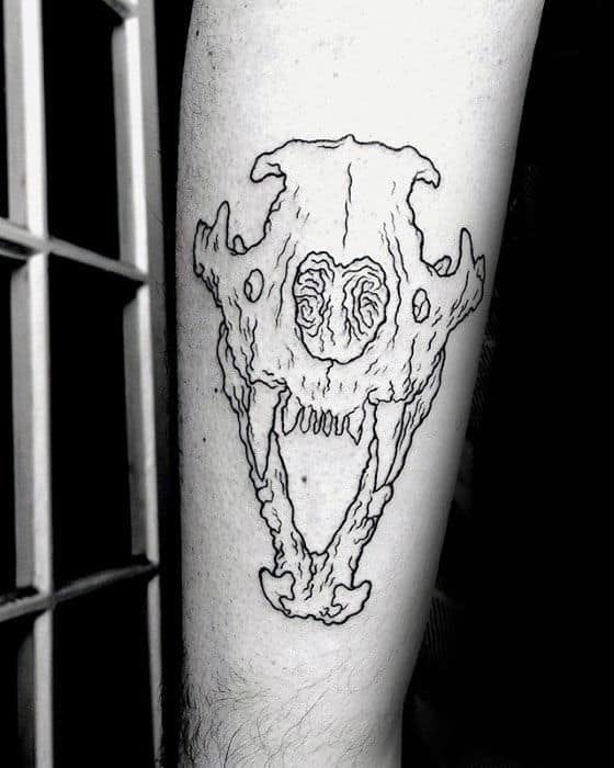 Black Ink Ouline Forearm Lion Skull Tattoos For Men