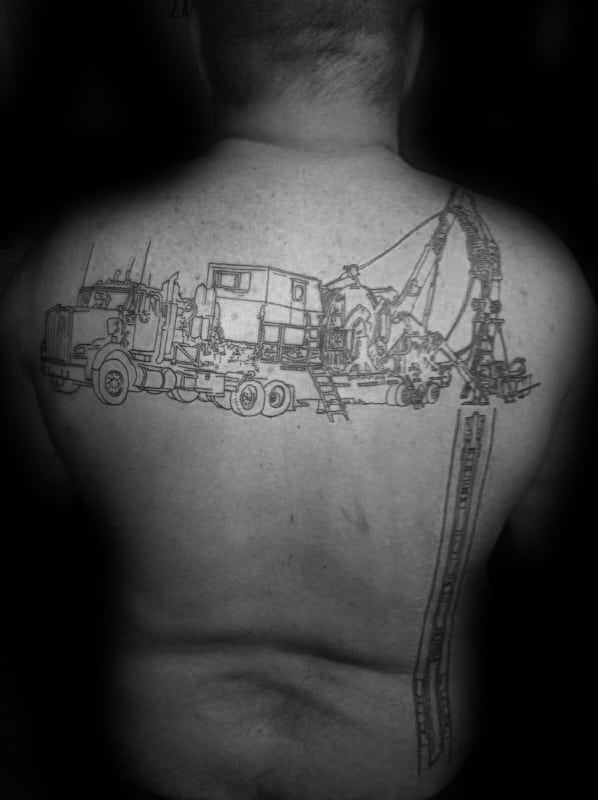 Black Ink Oultine Oilfield Well In Ground Mens Back Tattoo
