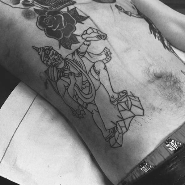 Black Ink Oultine Rib Cage Side Hanuman Tattoo Designs For Males