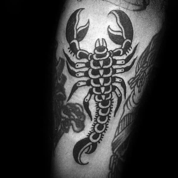 Black Ink Outer Arm Male Traditional Scorpion Tattoo