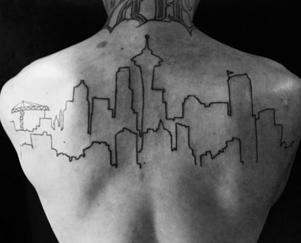 Black Ink Outlien Guys Upper Back Skyline City Building Tattoos