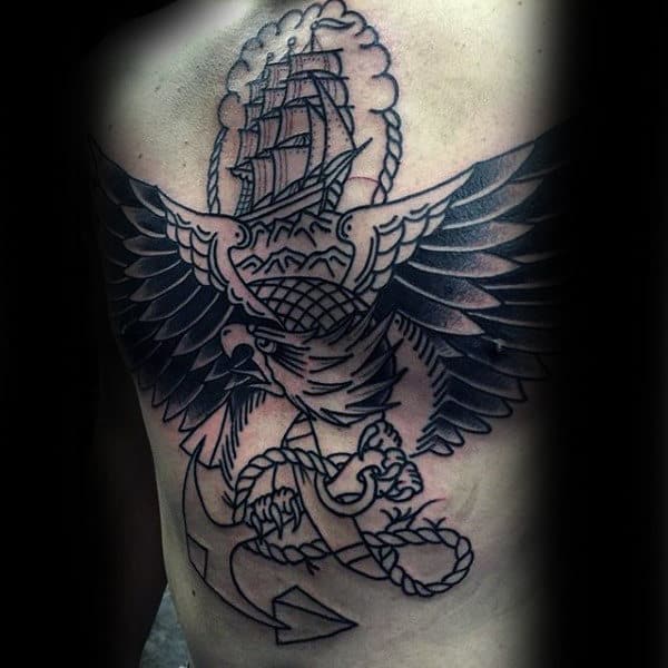 Black Ink Outlien Marine Traditional Anchor Mens Chest Tattoos