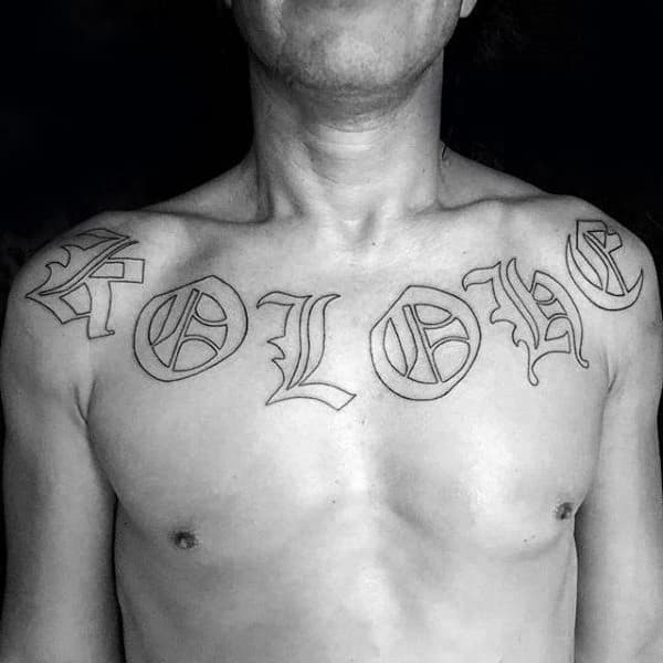 Black Ink Outlien Old English Letters Mens Chest Tattoos