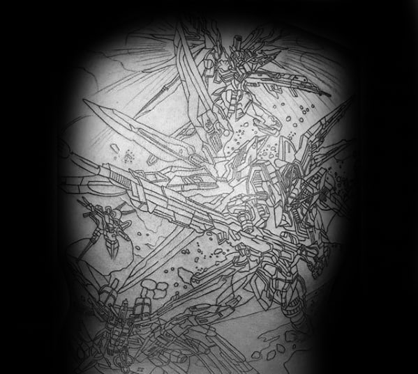Black Ink Outline Anime Back Mens Tattoo With Gundam Design