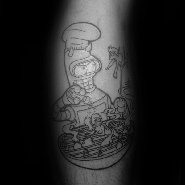 Black Ink Outline Bender Grilling Futurama Tattoos For Guys