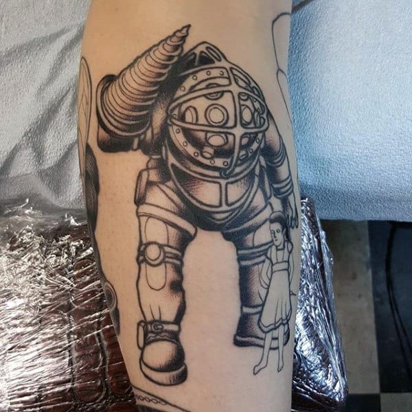 Black Ink Outline Bioshock Male Tattoo On Arm