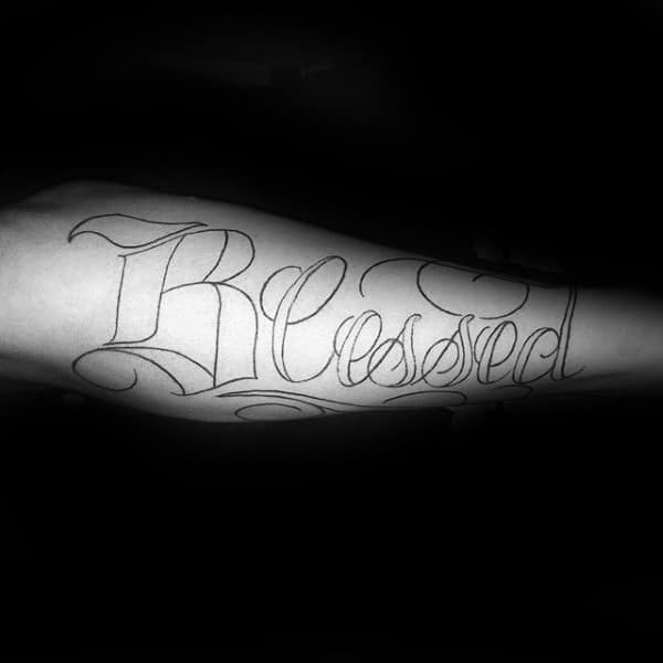 Black Ink Outline Blessed Male Tattoos On Arm