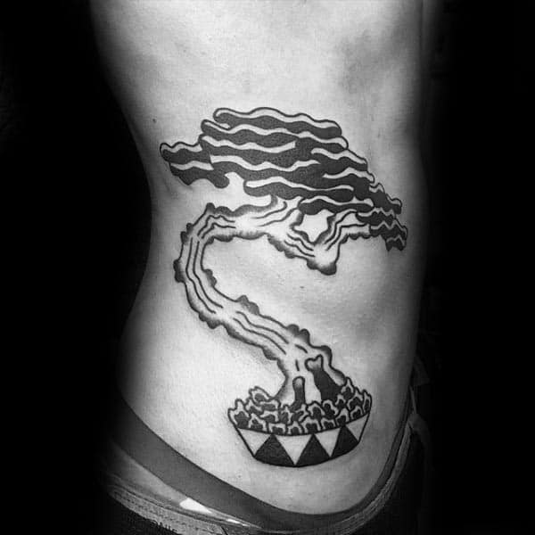 Black Ink Outline Bonsai Tree Old School Guys Ribs Tattoos
