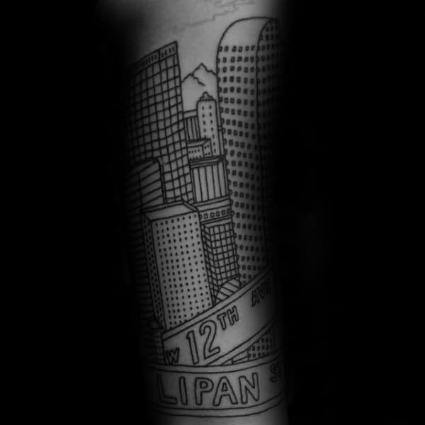 Black Ink Outline Buildings With Street Signs Mens Forearm Tattoos