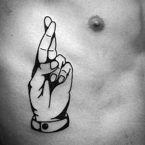 Black Ink Outline Chest Cool Male Fingers Crossed Tattoo Designs