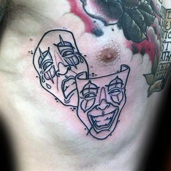 Black Ink Outline Chest Drama Mask Tattoo Ideas On Guys