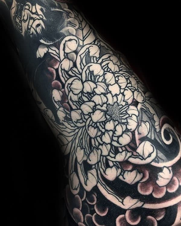 Black Ink Outline Chrysanthemum Male Japanese Tattoo