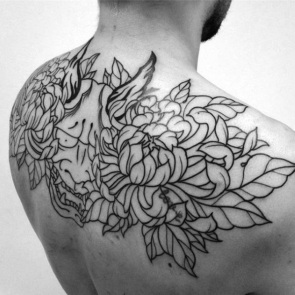 Black Ink Outline Cool Mens Demon Mask Flower Upper Back Tattoo
