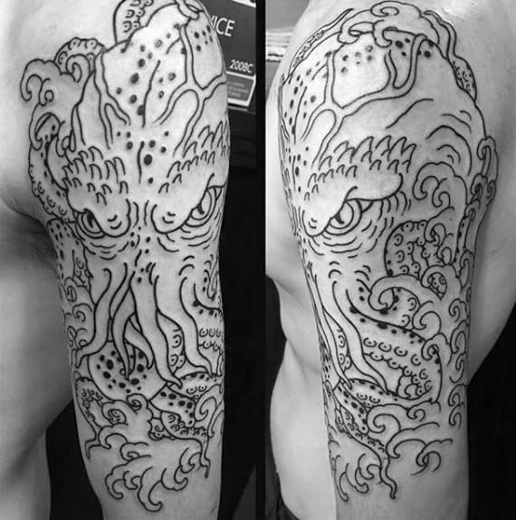Black Ink Outline Cthulhu With Ocean Waves Mens Half Sleeve Tattoo Ideas