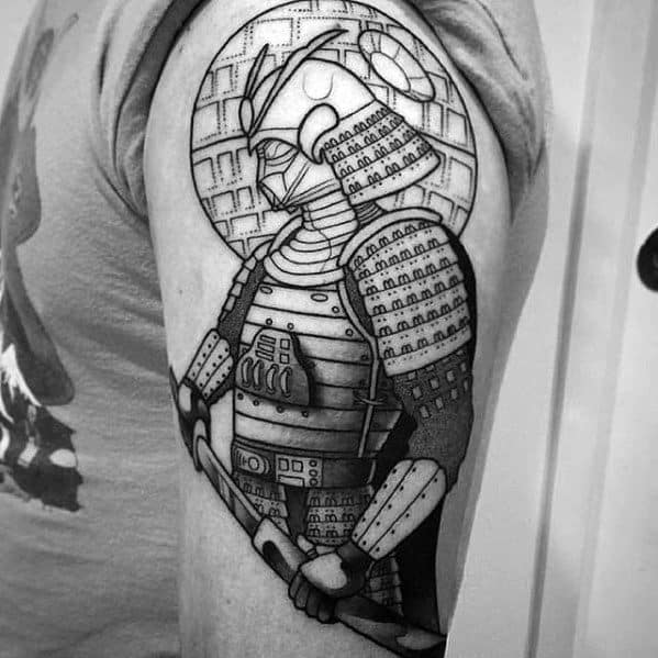 Striking samurai tattoo design featuring detailed armor, clean lines, and precise shading, set against the iconic Death Star backdrop, blending warrior spirit with Star Wars symbolism