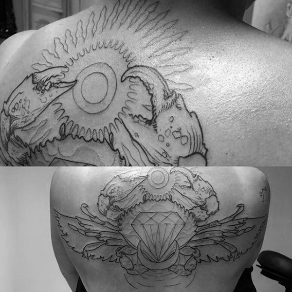 Black Ink Outline Diamond Crab Mens Upper Back Tattoos