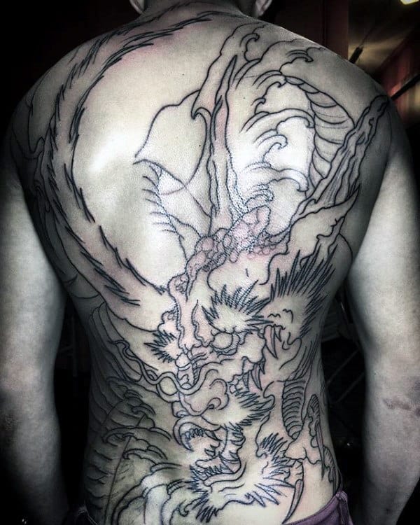 Black Ink Outline Dragon Back Tattoos For Men