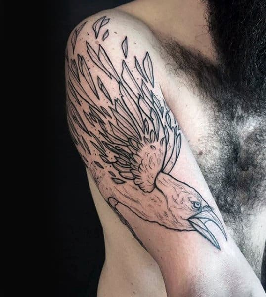 Black Ink Outline Feathers Crow Tattoo For Men On Upper Arm