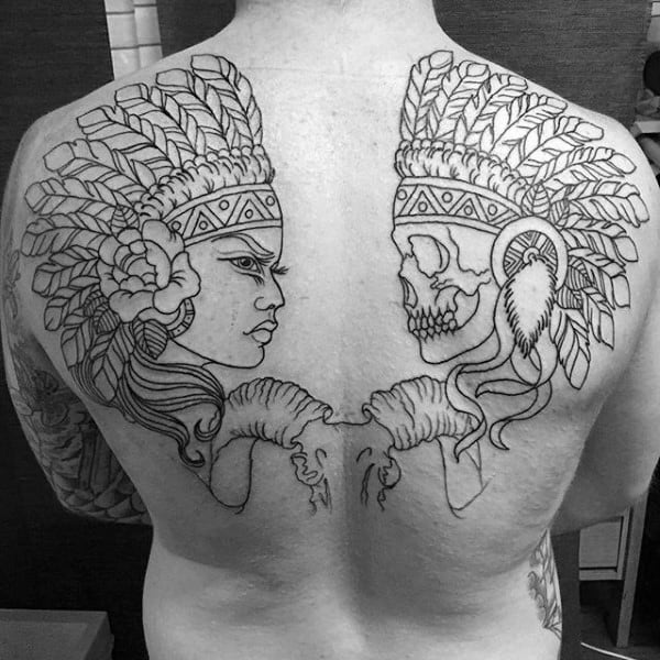 Black Ink Outline Female Portrait With Indian Skull Mens Back Tattoos