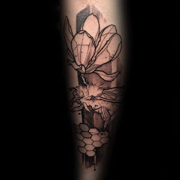 Black Ink Outline Flower With Bee And Honeycombs Male Forearm Tattoo