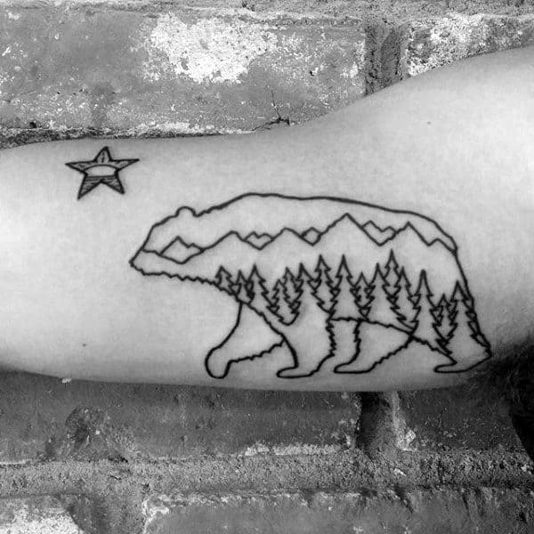 Black Ink Outline Forest California Bear Mens Inner Arm Tattoo Ideas