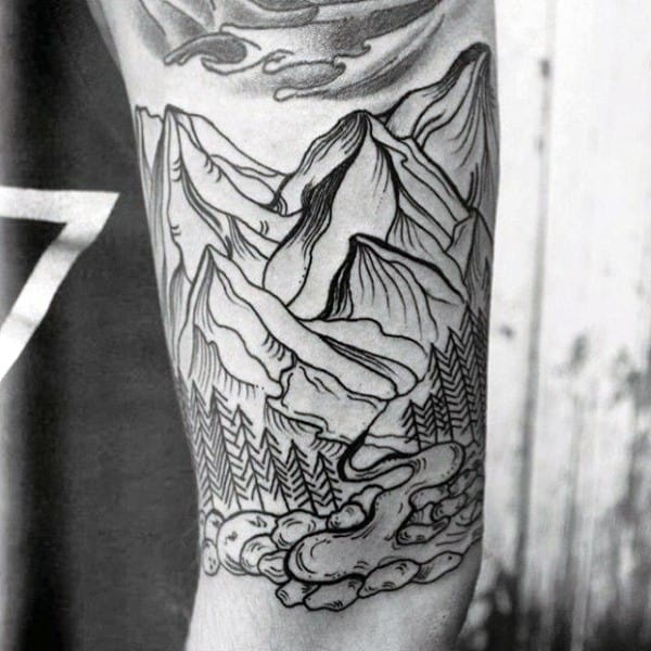 Black Ink Outline Forest Male Arm Tattoo