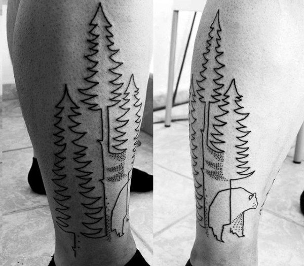 Black Ink Outline Forest With Bear Tattoos For Men