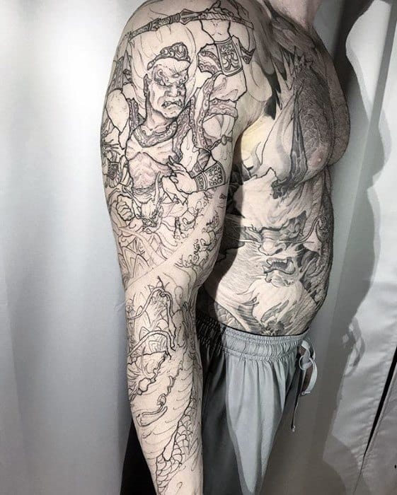 Black Ink Outline Full Arm Sleeve Fudo Myoo Tattoo Design On Man